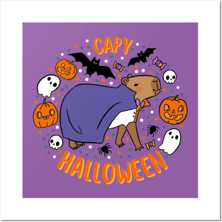 Happy Halloween a cute capybara wearing a vampire costume Posters and Art